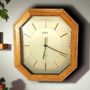 Vintage Sunbeam Quartz 882-627 Octagon Wood Wall Clock MCM Gold Tone Working